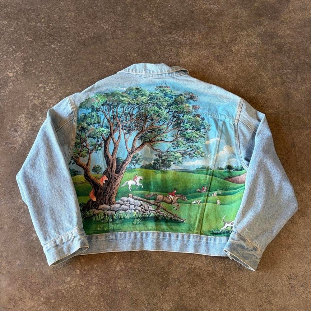 Christine Vintage 90s Equestrian Denim Jacket Blue Hand Painted Horse Scene L - Picture 3 of 6